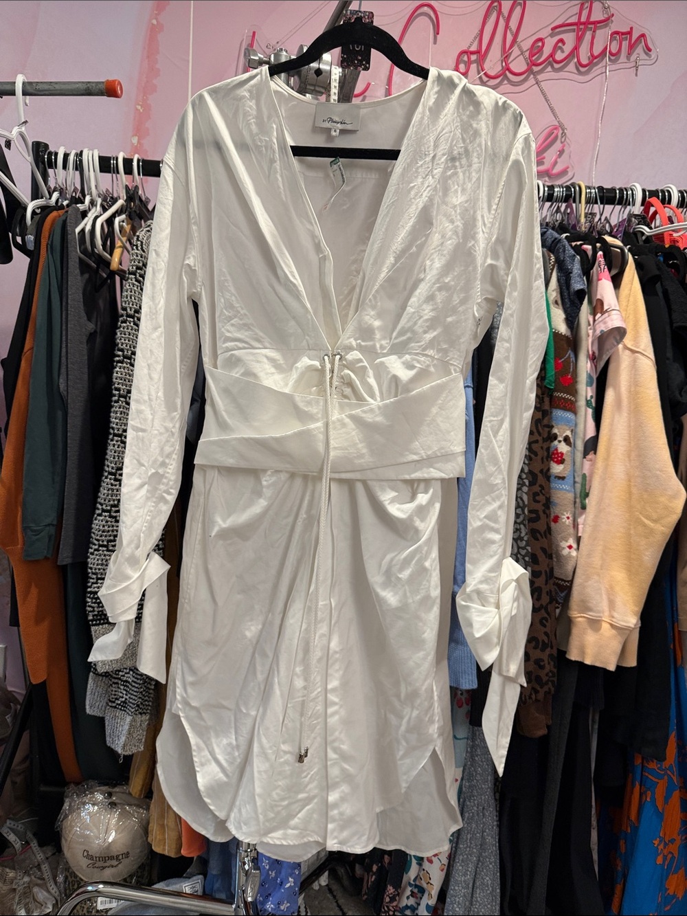 3.1 philip lim cotton waist tie dress 6 Women’s White Drawstring V-Neck Dress